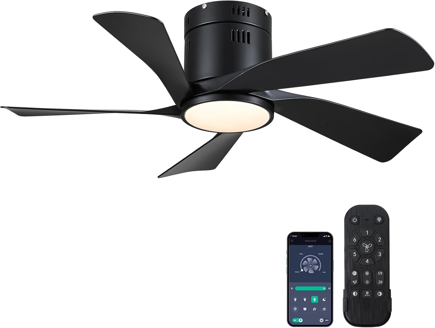 CHESUR - Ventiladores de techo negros con luces – Ventilador de techo de perfil bajo de montaje empotrado de 36 pulgadas con mando a distancia/aplicación, regulable y 3CCT, reversible, moderno