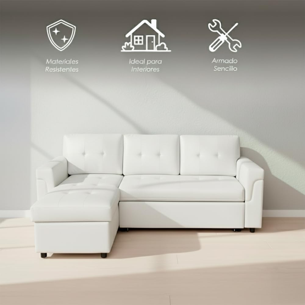 Ilios Innova | Sofá Cama Kairo de Cuero Sintético, Chaise Longue/Cama Extraíble, 3 Plazas, Estructura de Madera, Funcional y Moderno.