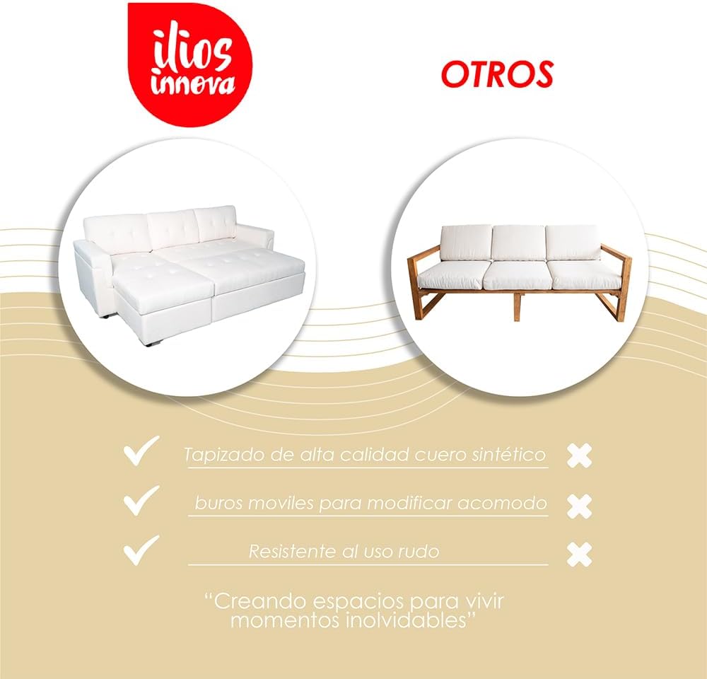 Ilios Innova | Sofá Cama Kairo de Cuero Sintético, Chaise Longue/Cama Extraíble, 3 Plazas, Estructura de Madera, Funcional y Moderno.