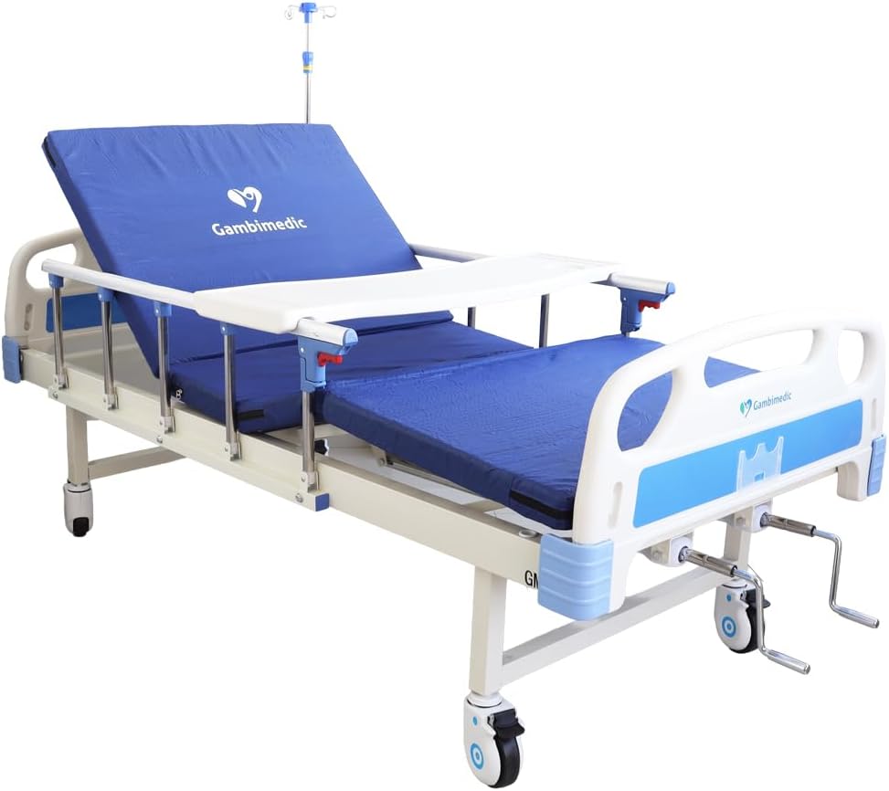 Gambimedic Cama Hospitalaria Manual Dos Manivelas Incluye Colchon Mesa Barandal Y Portasuero Cama De Hospital Reclinable para Casa Y Pacientes