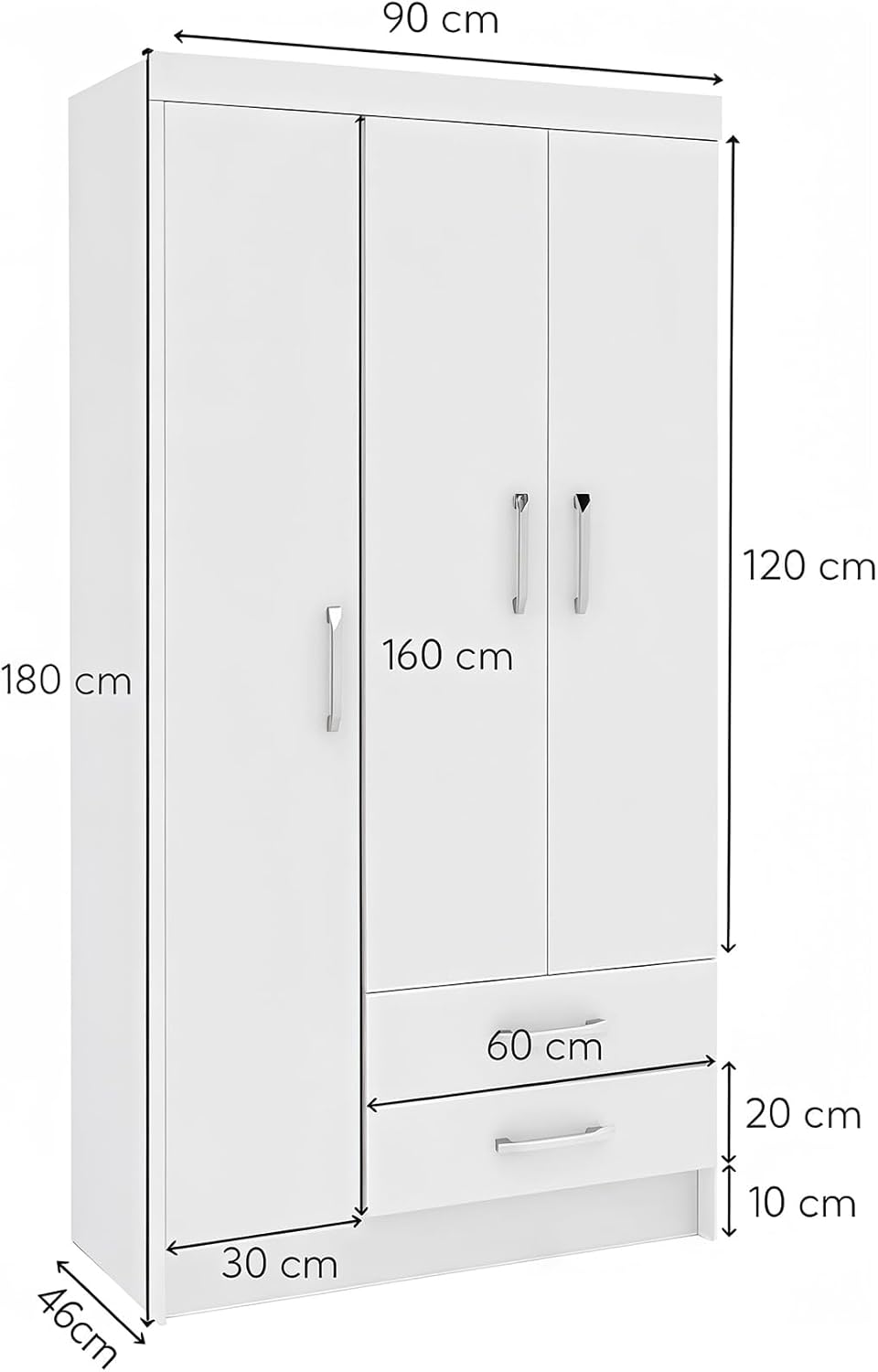 TRIUMPHKEY Ropero Closet Madera para Recamara Armarios para Ropa con 2 Cajones Closet con 3 Puertas Minimalista Muebles para Sala De Estar 90x46x180CM (Blanco)
