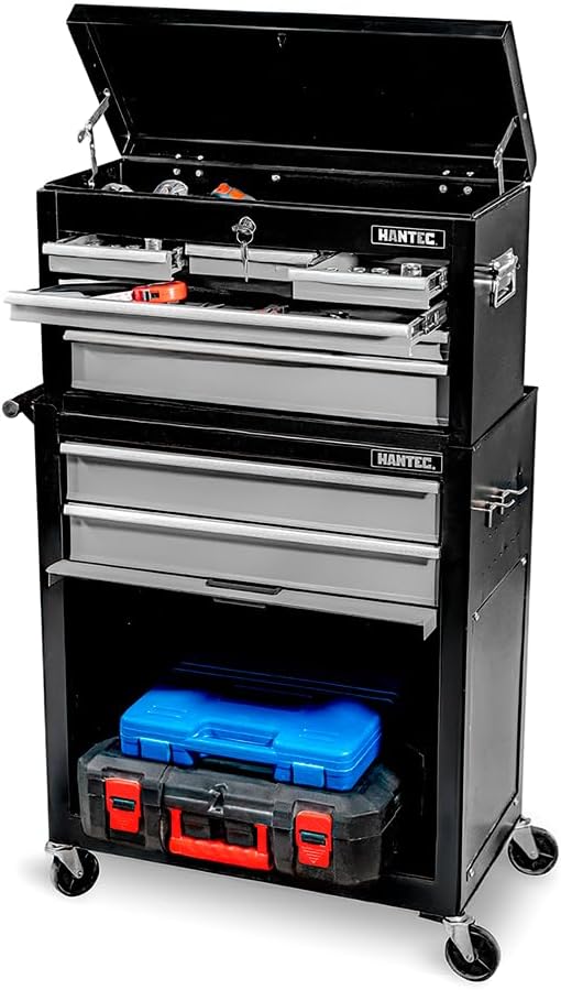 Hantec - Combo Caja de Herramientas y Estante Móvil - 9 Cajones Deslizables, Metal Reforzado con Ruedas y Cerradura - Color Gris