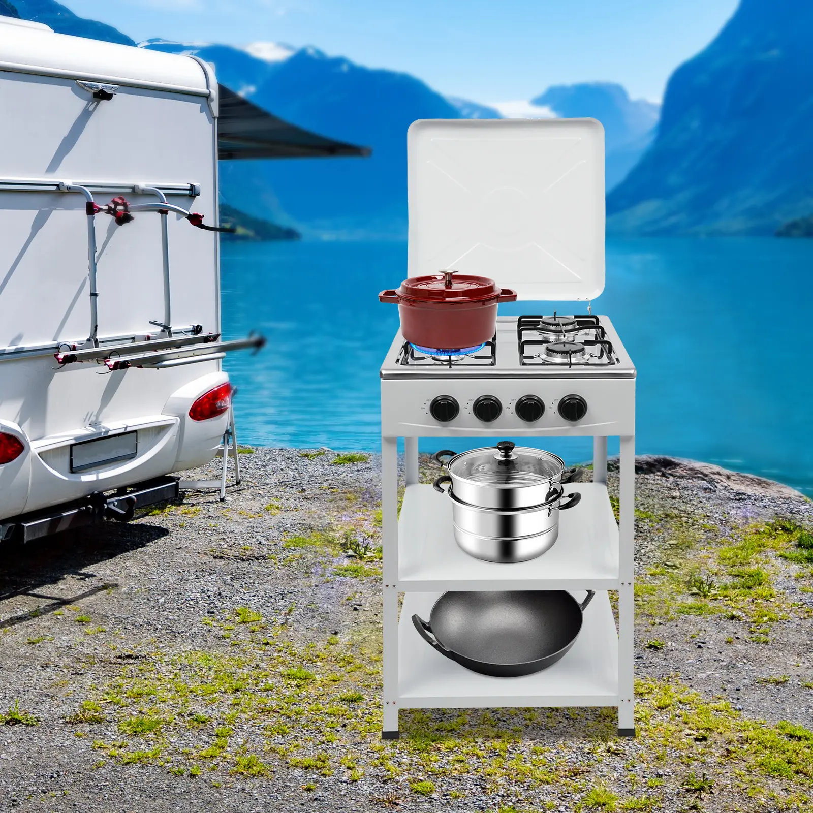 Estufa de gas independiente de 4 quemadores (Gas Natural/GLP) — Placa de cocción portátil para exteriores y camping, con 4 perillas y encendido manual; ideal para caravanas, viajes, preparación para emergencias y uso familiar.