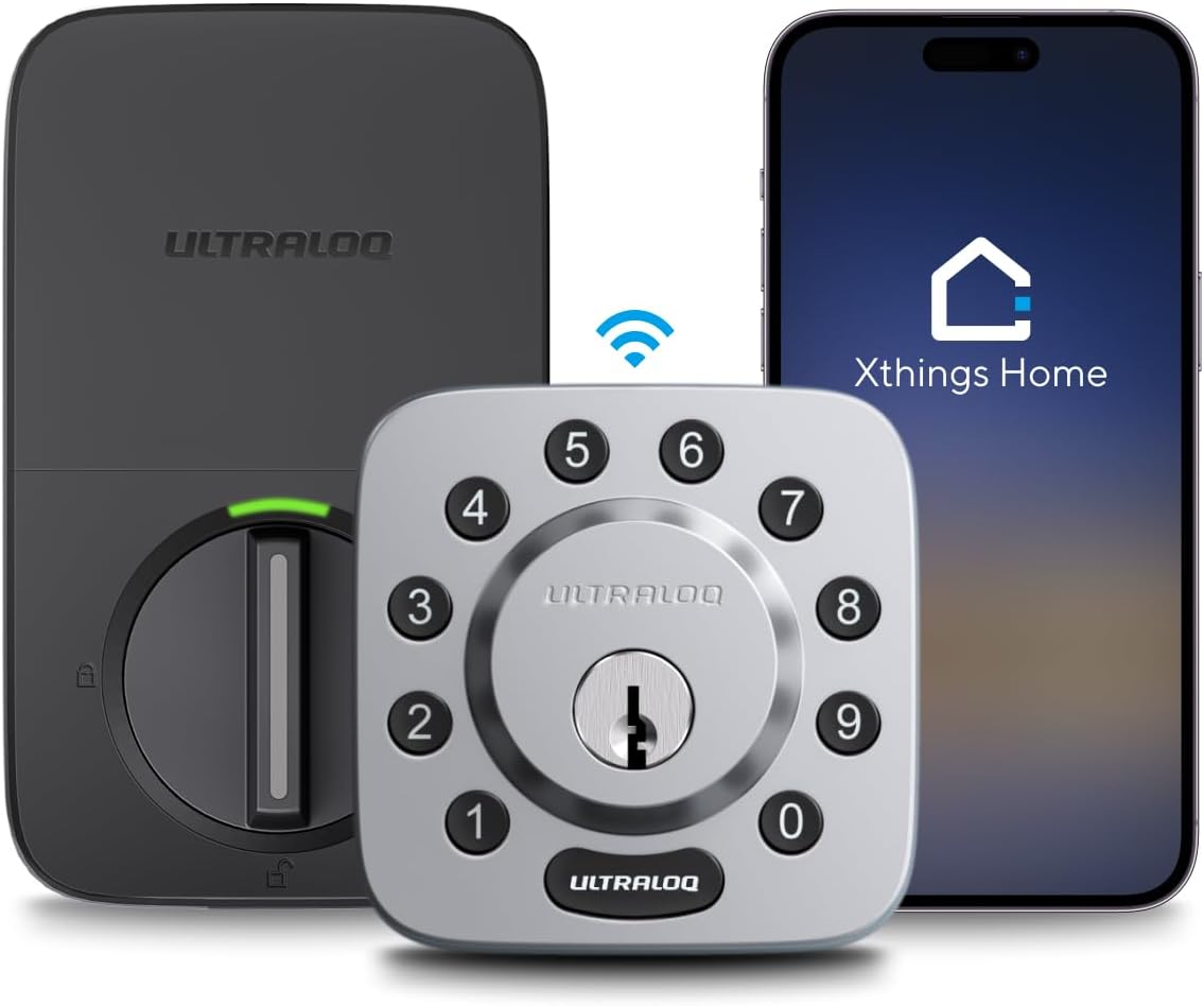 ULTRALOQ U-Bolt 5 en 1 Cerradura de puerta de entrada sin llave con smartphone, Bluetooth, teclado, desbloqueo automático, cerradura de puerta inteligente, cerrojo inteligente, cerradura de puerta delantera, certificado ANSI grado 1, color negro