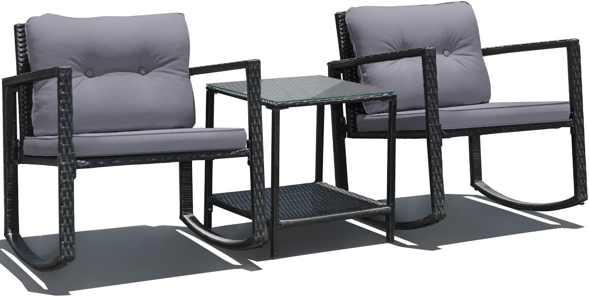 RELAX4LIFE Outdoor Rocking Chair Set, 3-Piece PE Rattan Bistro Set Patio Wicker Conversation Set w/Cushions Table & Storage Shelf, Outdoor Furniture for Garden, Backyard and Poolside (Beige)