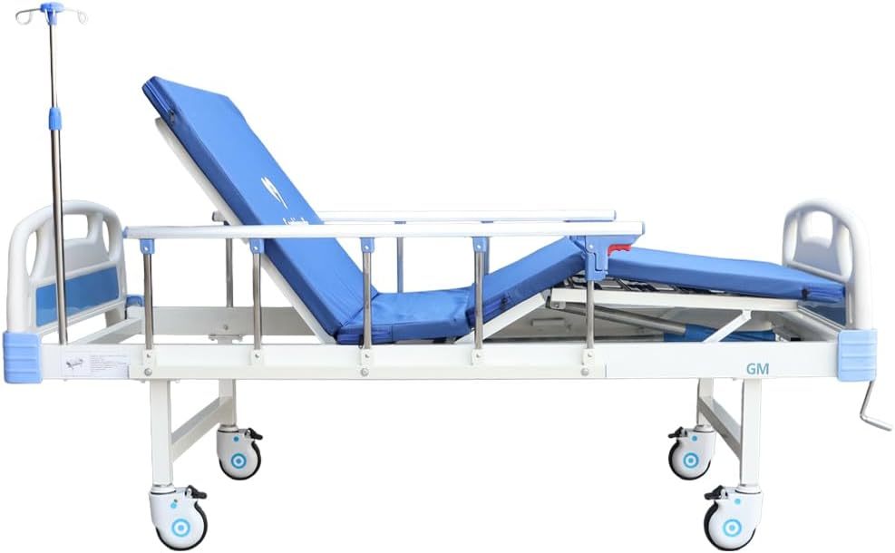 Gambimedic Cama Hospitalaria Manual Dos Manivelas Incluye Colchon Mesa Barandal Y Portasuero Cama De Hospital Reclinable para Casa Y Pacientes