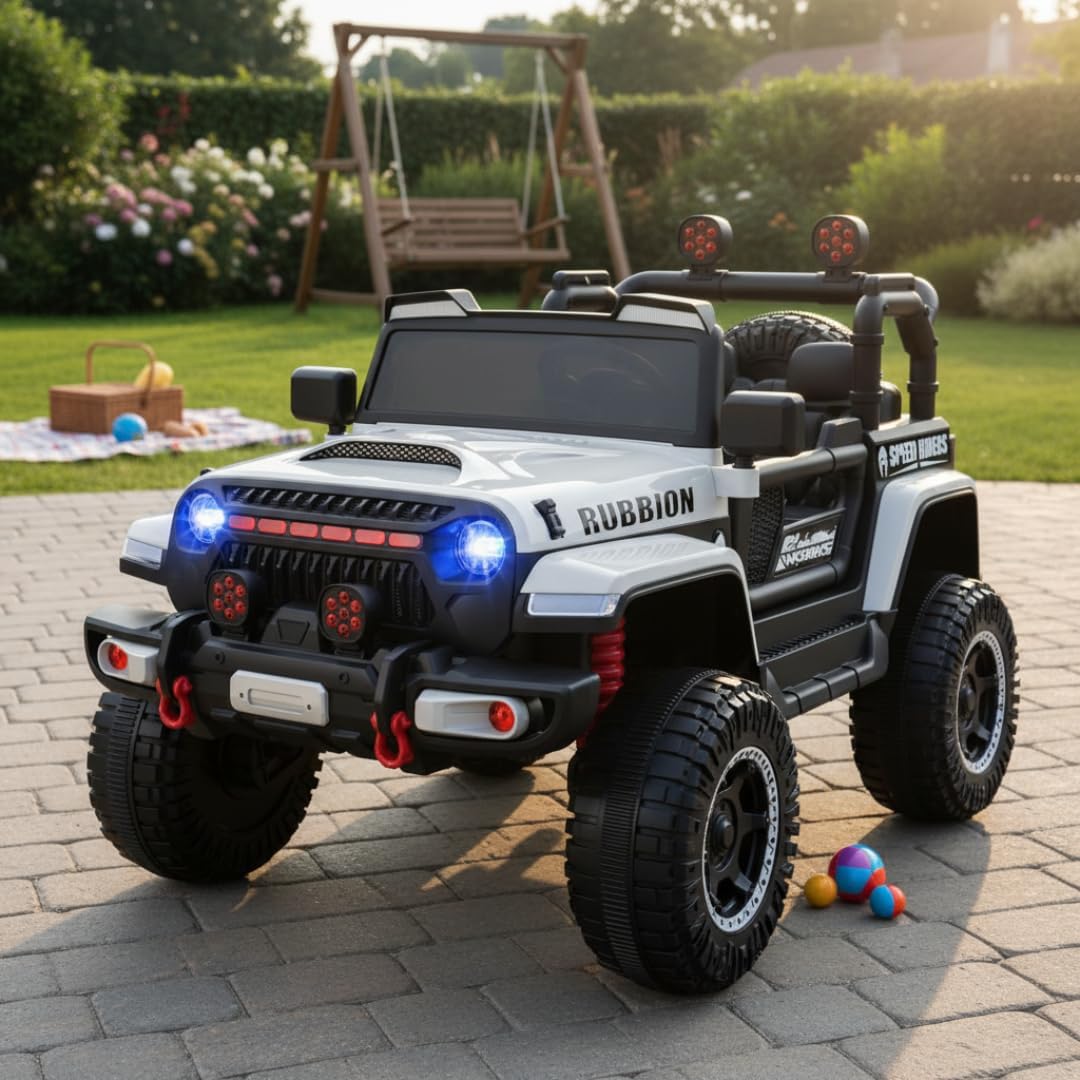 Kids House Carrito Montable Eléctrico Niños Turbo, Doble Puerta, Función Balanceo, Control Remoto Bluetooth, USB MP3, Música y Luces LED, Motor Dual 12V, Inicio Botón,Diseño Seguro (Blanco)