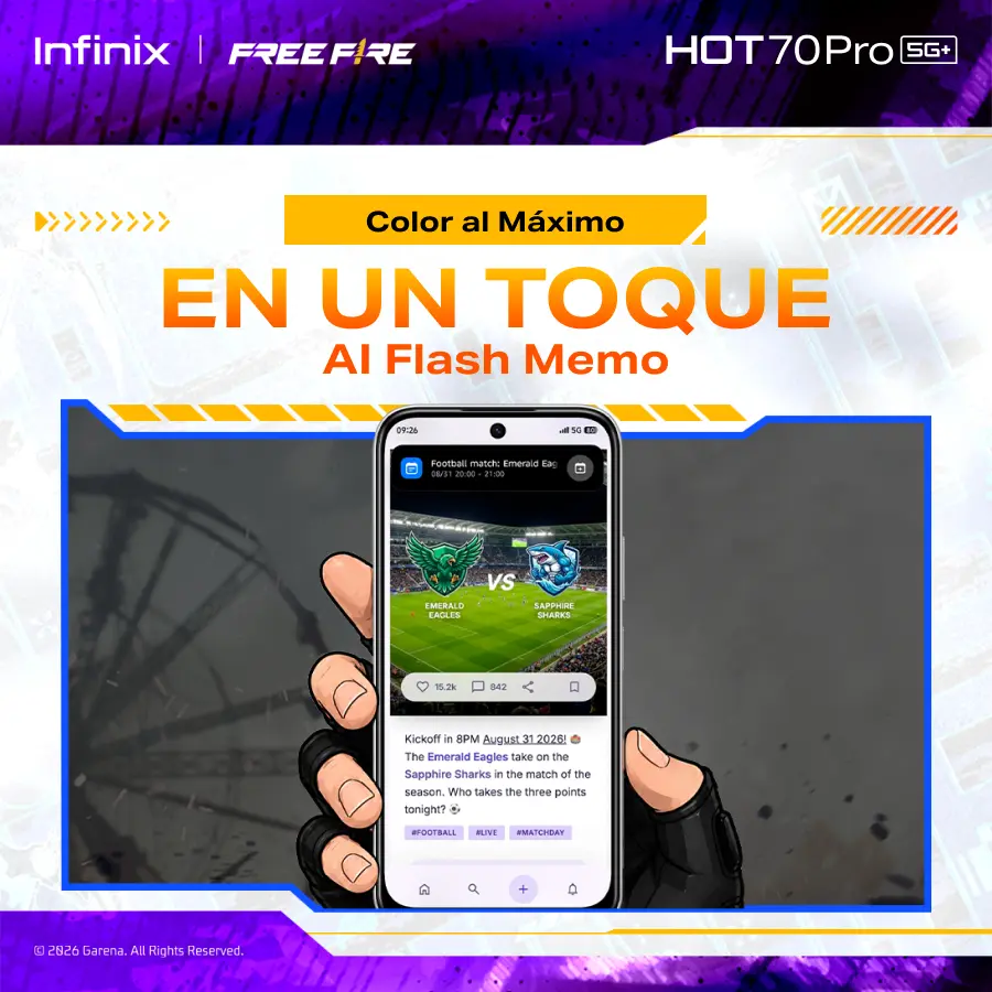 Infinix HOT 70 Pro 5G Edición Free Fire TikTok Exclusiva | 8GB+256GB | Incluye Caja de Regalo | MediaTek Dimensity 7100, AMOLED, 45W, NFC | Negro