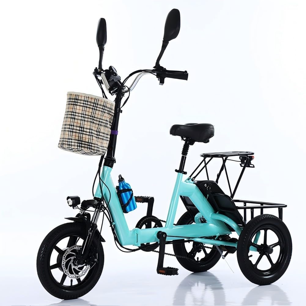 Triciclo eléctrico para adultos, neumático de 14 pulgadas, 3 ruedas, plegable, motor E, 48 V, 350 W, batería extraíble de 10.4 AH, pantalla LCD, bicicleta eléctrica todo terreno de tres ruedas,
