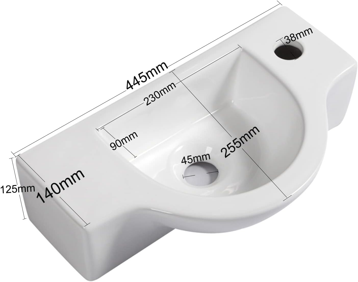 Fregadero de baño de cerámica blanca, fregadero esquinero pequeño montado en la pared (fregadero con grifo y desagüe) -----Cepillo de limpieza