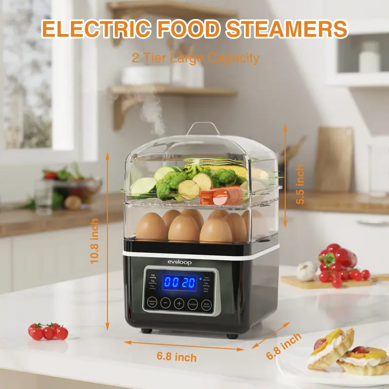 EVOLOOP Vaporera Eléctrica de 2 Niveles, 4 Qt, 400W, 5 Modos de Cocción — ¡Paga 1 y Recibe 2!