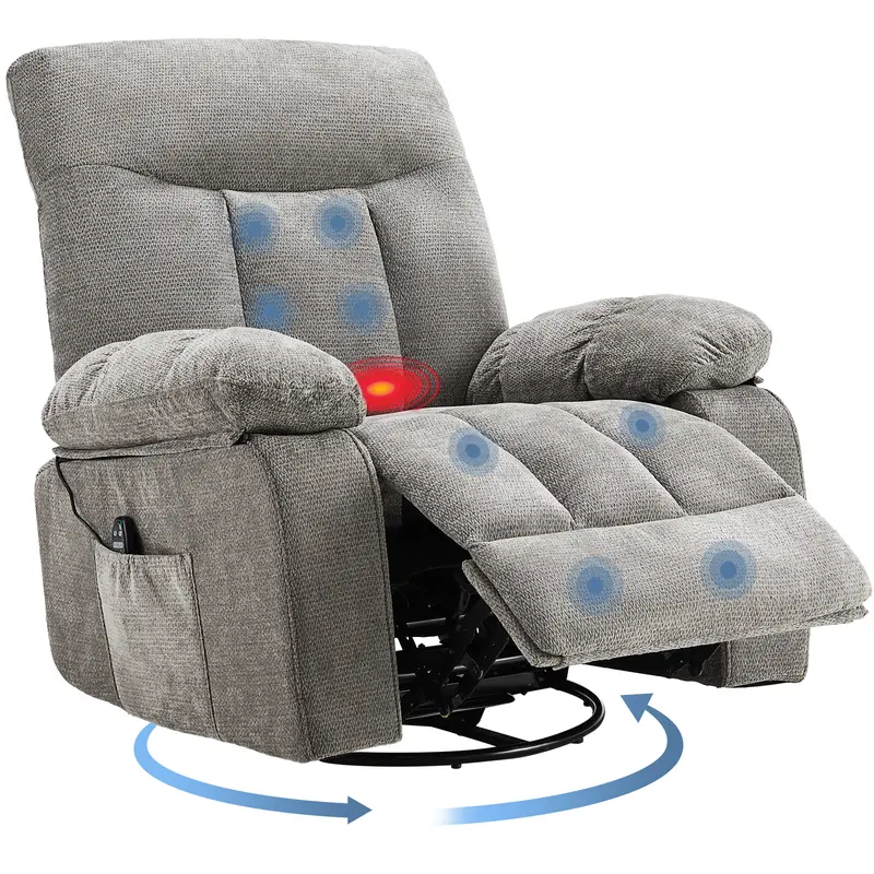 Sillón Reclinable Giratorio con Masaje y Calefacción, Respaldo Ajustable y Tapizado de Chenille