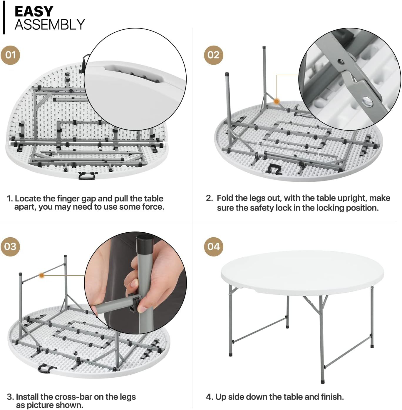 Mesa plegable redonda de 4.5 pies, mesa de comedor de plástico para interiores y exteriores con asa y cerradura para picnic, fiesta, banquete, boda, color blanco
