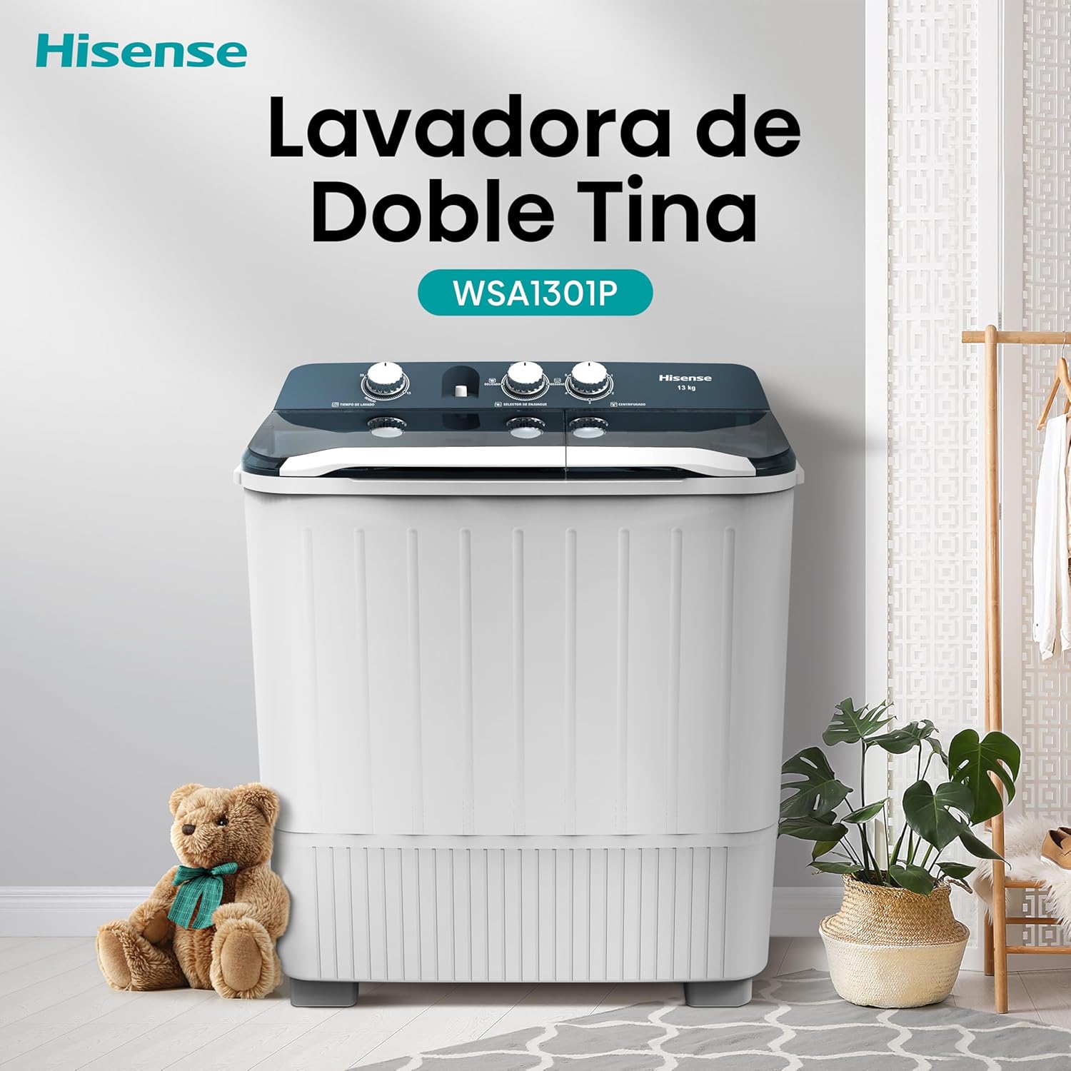 Hisense Lavadora doble tina WSA1604P, Semiautomática, 16 Kg, Temporizador de Lavado y Centrifugado, 88x52x99cm(AnchoxLargoxAlto), Blanco/Azul