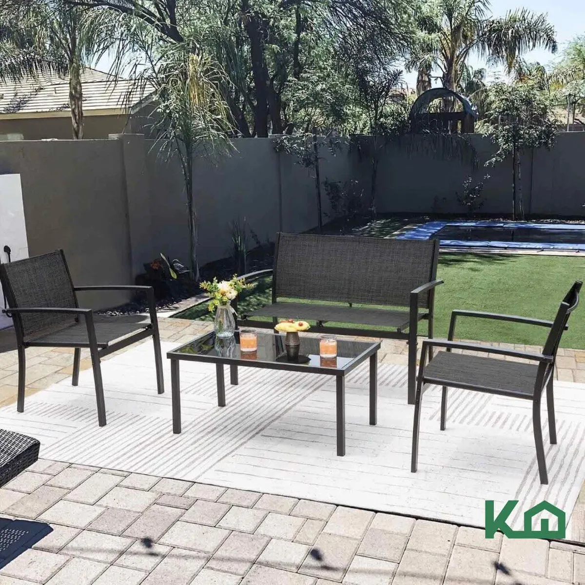 Sillas Sala Exterior Para Jardin Textileno Sillon Mesa 4pzas Color negro Color de la estructura de la silla Negro Color del asiento Negro Diseño de la tela Liso