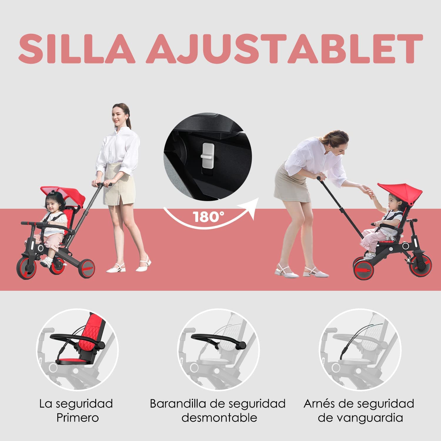 Triciclo de bebé 4 en 1, Bici polivalente, cochecito de dirección plegable, bicicleta de aprendizaje con barandilla desmontable, con toldo ajustable, arnés de seguridad, pedales plegable, freno, asa de empuje para padres, diseño de absorción de impactos,