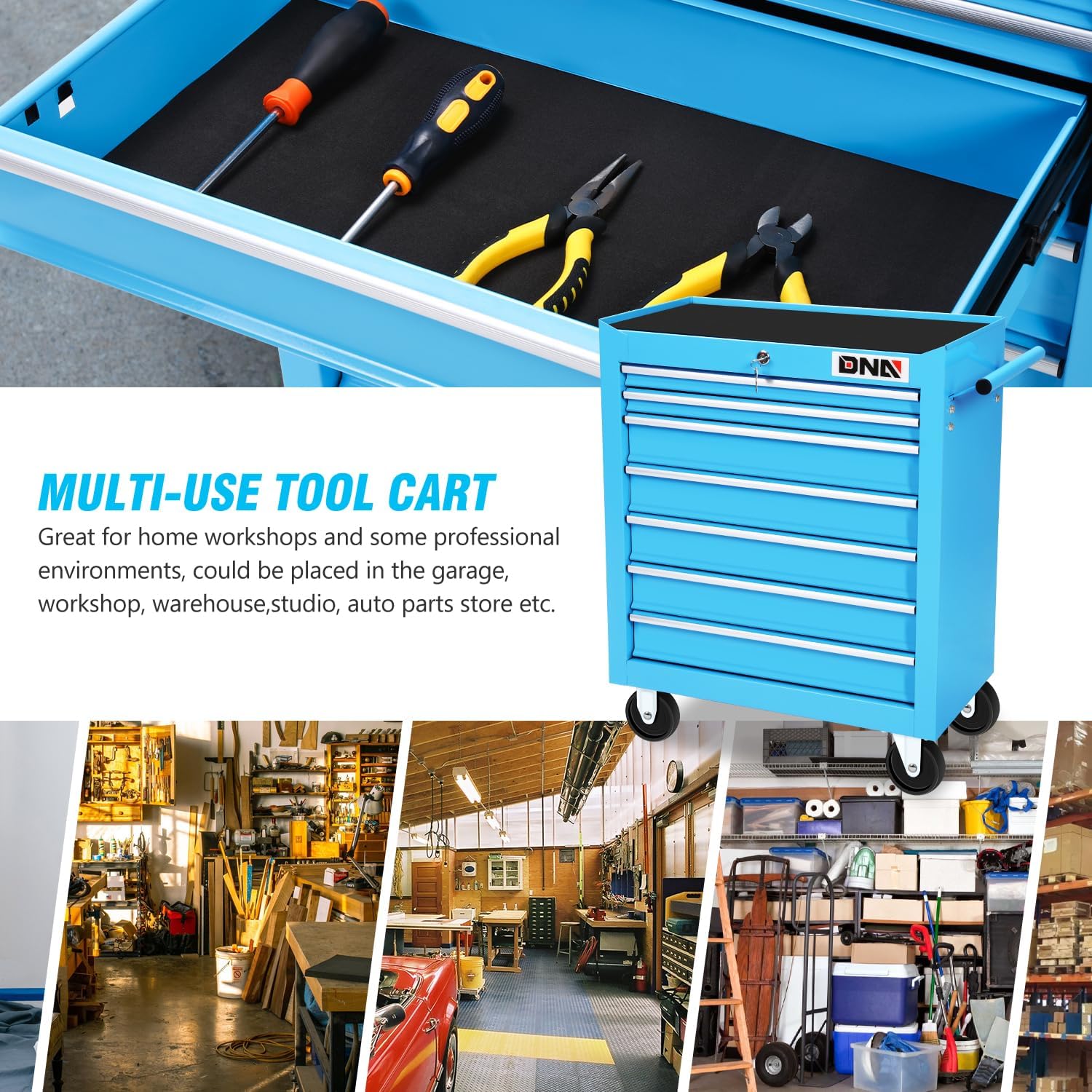 DNA MOTORING - Gabinete de Herramientas con Ruedas de plástico con Sistema de Bloqueo con Llave, Azul, TOOLS-00486