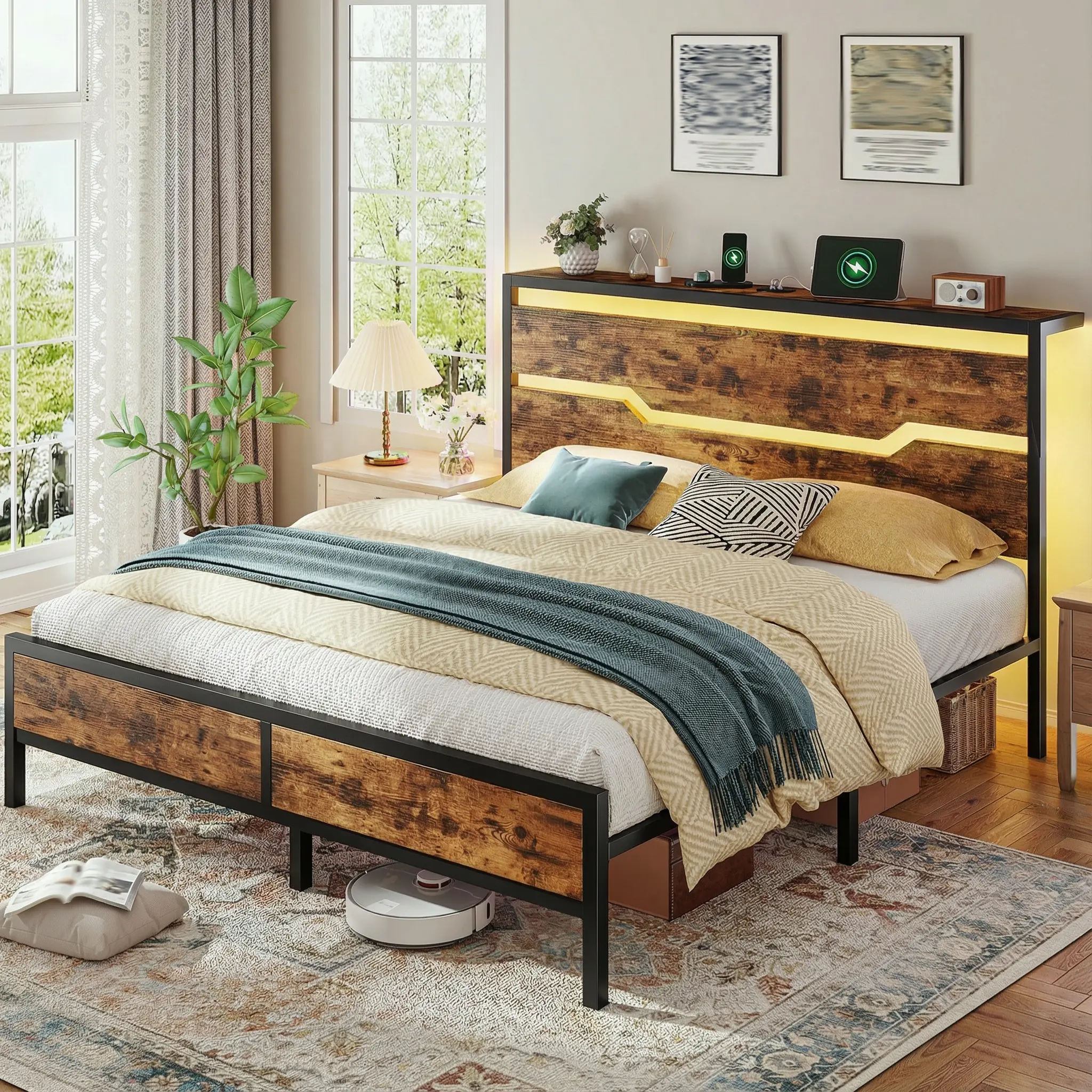 Estructura de cama Raybee con luces LED (tamaños Queen, King y Full), cabecero y estante de almacenamiento; diseño moderno e industrial de madera y metal con estación de carga integrada; silenciosa y resistente (capacidad de 900 libras); incluye somier de