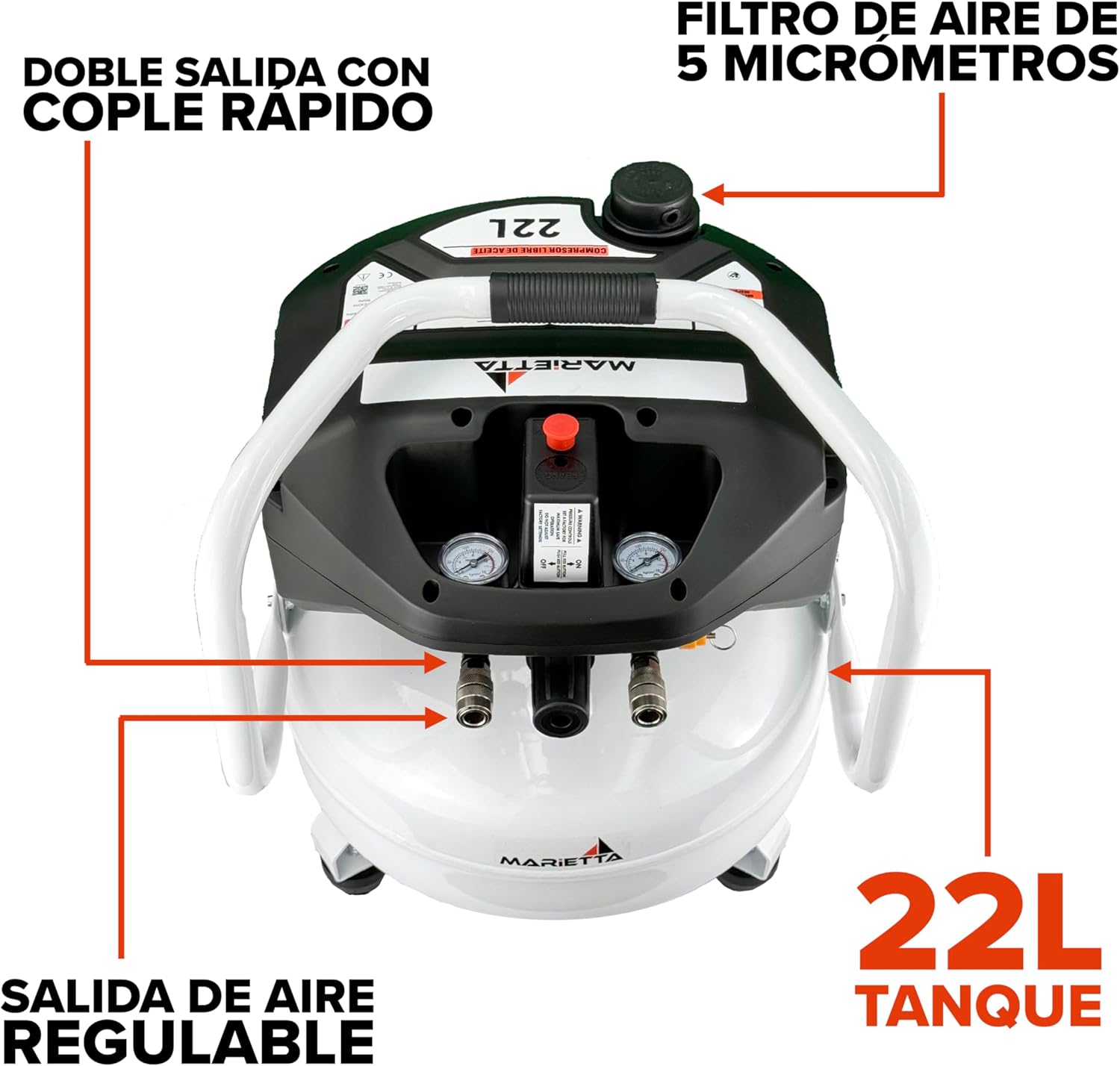 MARIETTA Compresor de Aire Libre de Aceite 1.5HP 22L Robusto con Kit de Accesorios y Manguera de 5 metros.