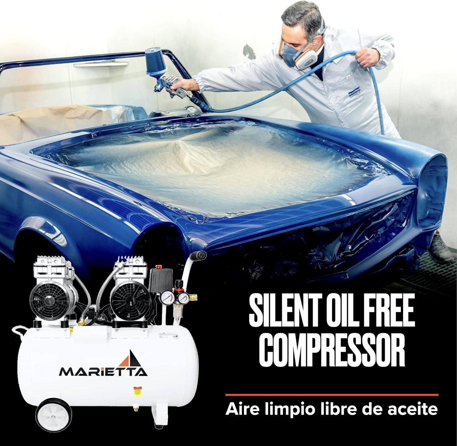 MARIETTA 2HP 50L: Compresor de Aire Silencioso - Compresor robusto de llenado rápido con 2 HP y tanque de 50L. Doble Motor Libre de Aceite.