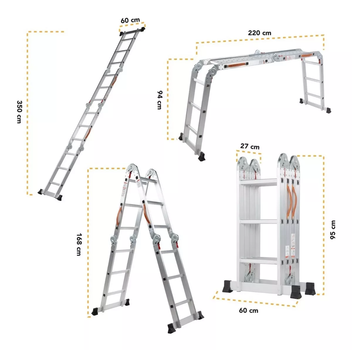 Escalera De Aluminio Multiposiciones Plegable KMEM35 Kingsman De 3.5 Metros Con 12 Peldaños Y Charolas Tipo Tijera Andamio Para 150 kg