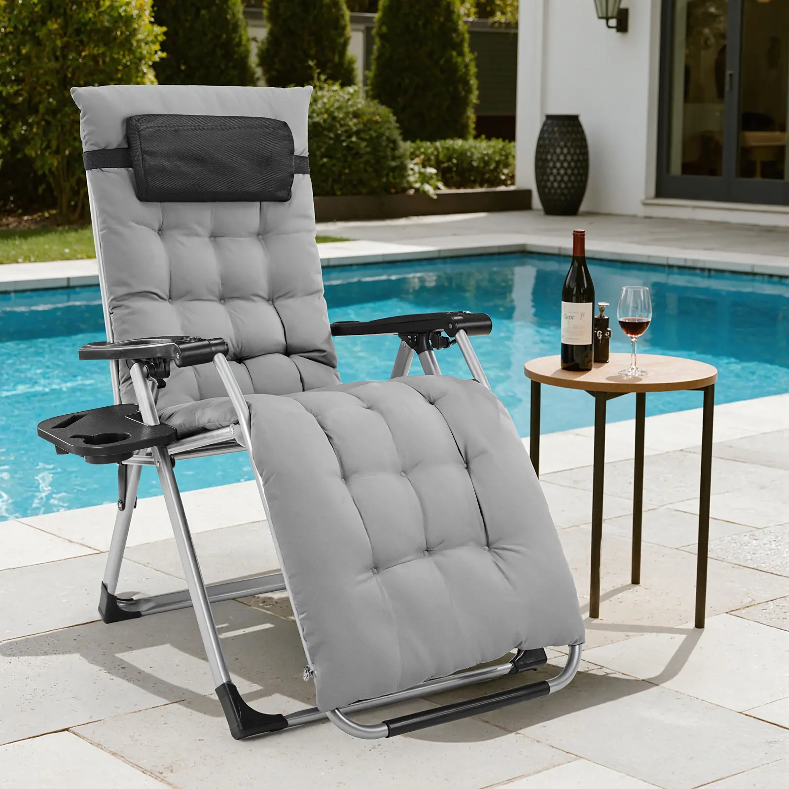 【Regalo para el Día de San Valentín】Silla Zero Gravity, Silla de Lounge para Camping Reclining, Sillas de Patio con Bandejas para Tazas y Cojín Removible, Reclinable Plegable para Uso Interior y Exterior.