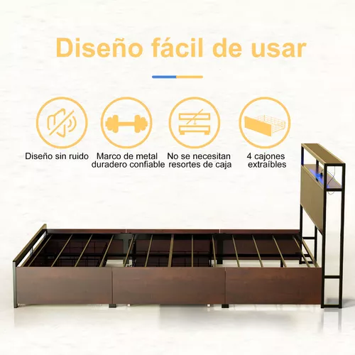 Cama Matrimonial Full Base+ Cabecera+ Cajones Luces Led Usb Color Marrón