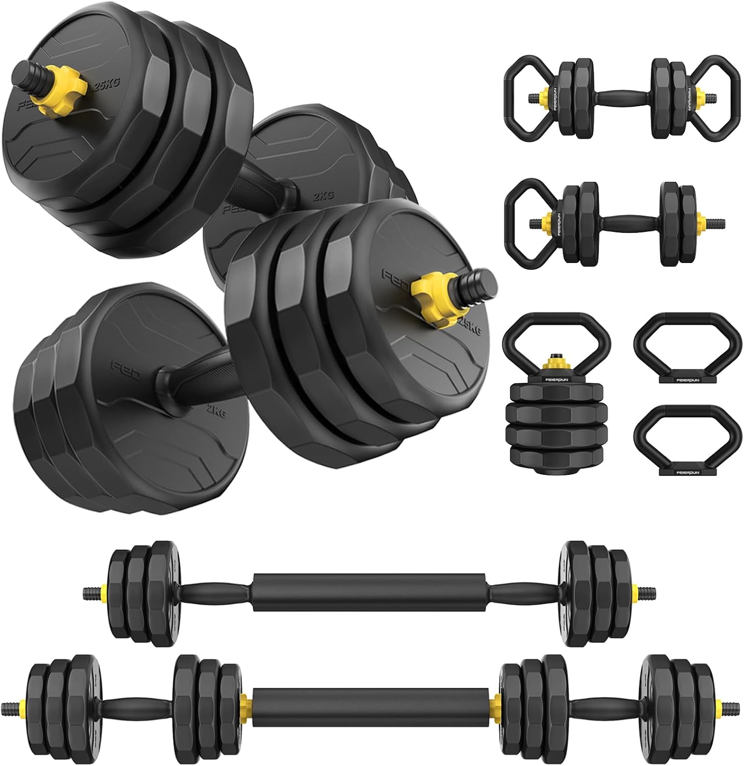 FEIERDUN - Mancuernas ajustables, juego de pesas libres de 20/30/40/50/60/70/90 libras con conector, juego de mancuernas 4 en 1 utilizadas como barra, pesas rusas, soporte de empuje, ejercicios de