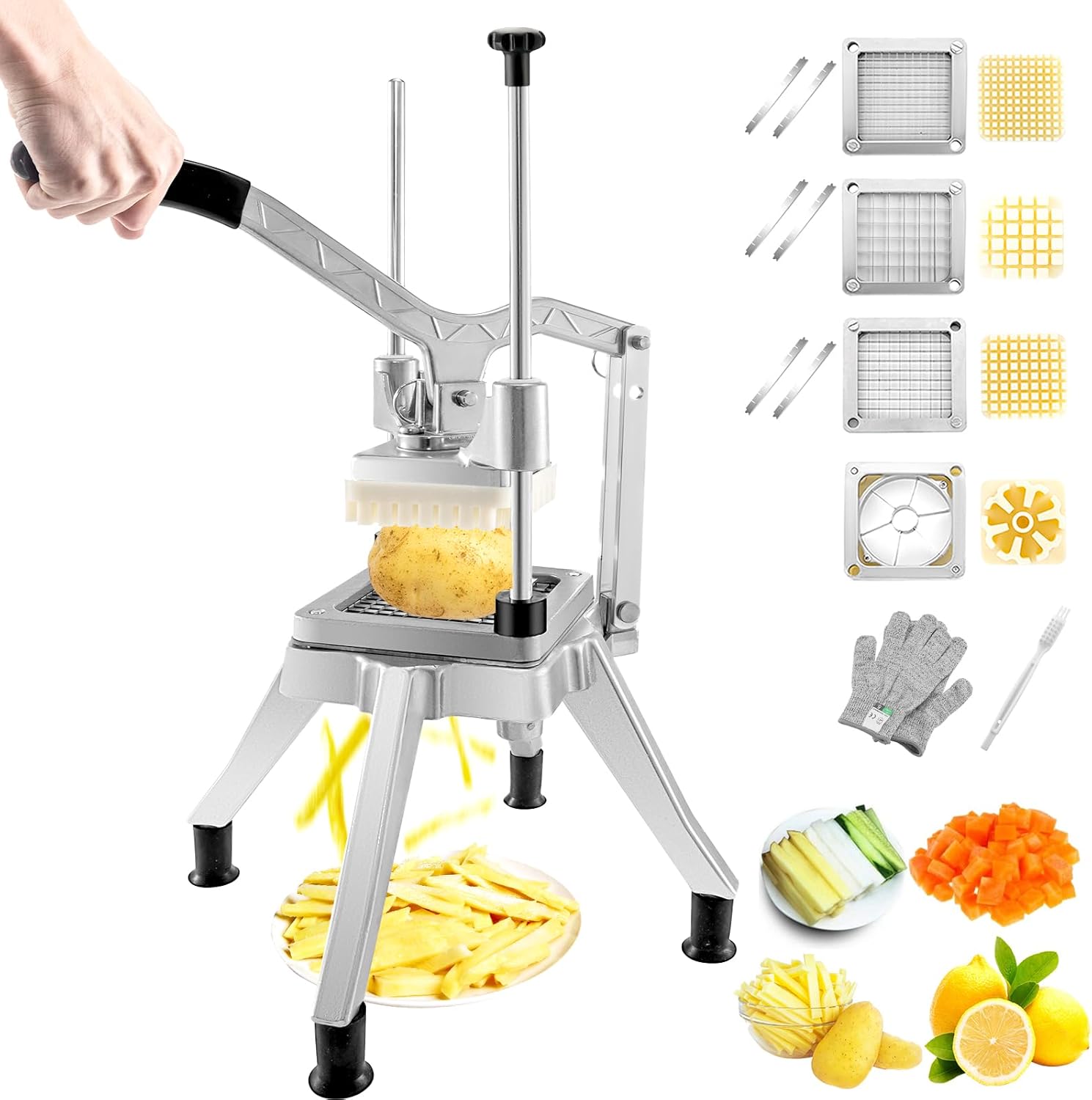 VEVOR - Picador comercial de verduras con 4 cuchillas de repuesto, cortador de patatas francesas de acero inoxidable y cortador de frutas para restaurantes y cocina casera
