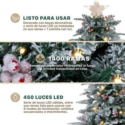 ESQUIMAL Árbol de Navidad Nevado con Luces LED 8 Modos de Iluminación + Estrella + Piñas + Bayas Rojas (1.80 m)