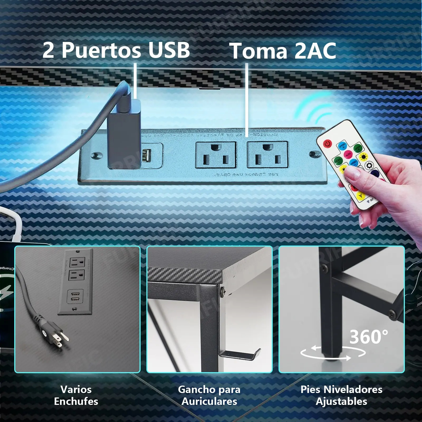 Furrific®escritorio Gamer En L Con Luz Led Y Regleta Enchufe