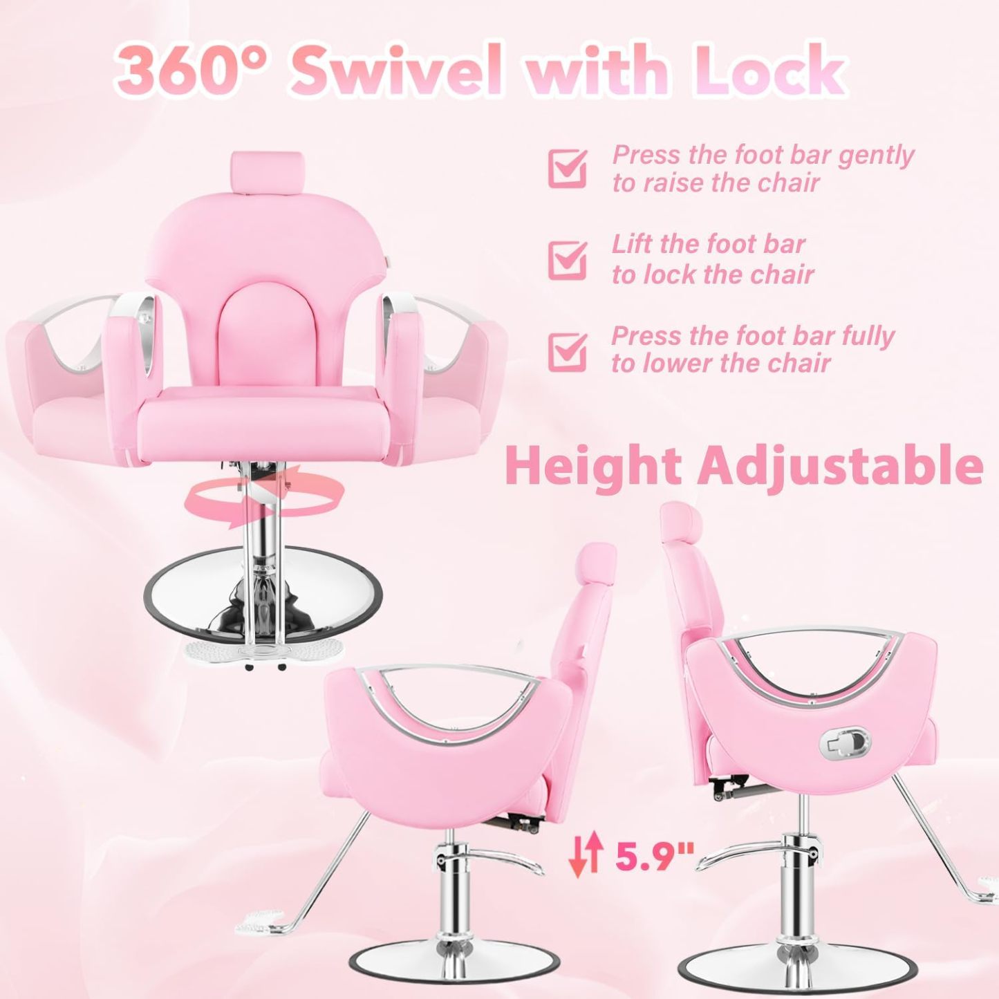 Silla de peluquero de salón, silla reclinable para peluquero, silla de peluquería con bomba hidráulica resistente, silla de peluquería giratoria de 360 grados para peluquería en casa, color rosa
