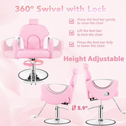 Silla de peluquero de salón, silla reclinable para peluquero, silla de peluquería con bomba hidráulica resistente, silla de peluquería giratoria de 360 grados para peluquería en casa, color rosa