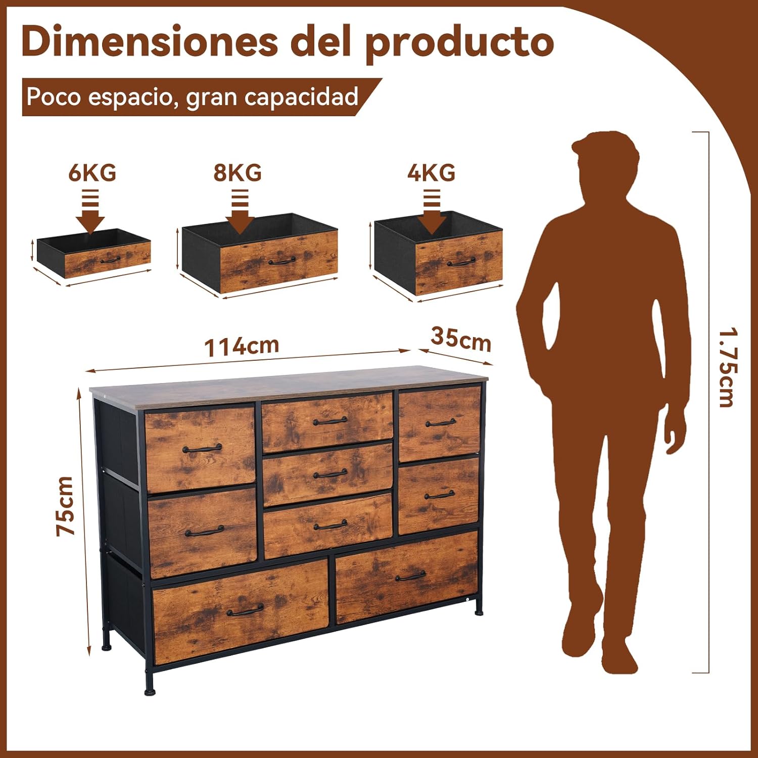 FURRIFIC Cómoda Gran Capacidad de 9 Cajones,115 * 75 * 35cm,Cajonera para Recamara,Ropa,Hogar Y Oficina,Organizador Cajonera de Estructura Metal con Cajones de Tela en 3 Tamaños
