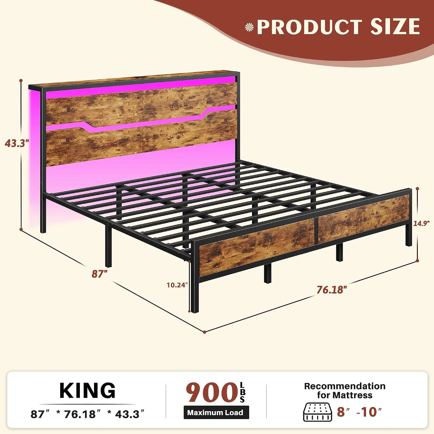 Estructura de cama Raybee con luces LED (tamaños Queen, King y Full), cabecero y estante de almacenamiento; diseño moderno e industrial de madera y metal con estación de carga integrada; silenciosa y resistente (capacidad de 900 libras); incluye somier de