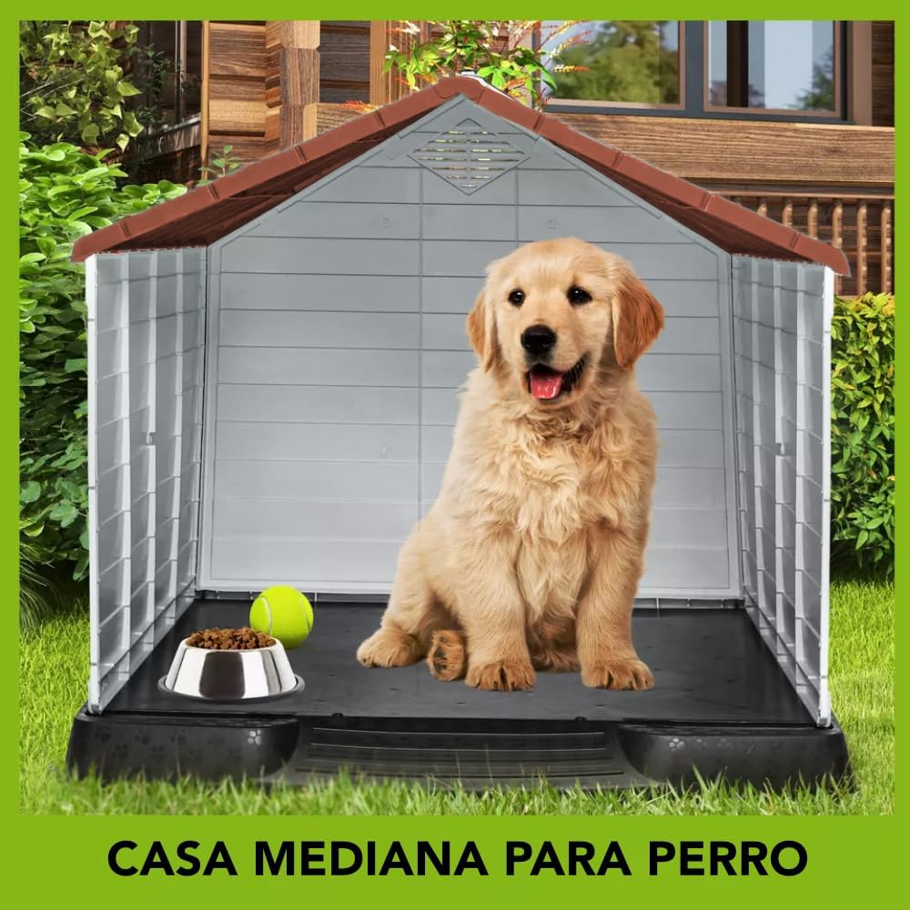 Q PERRON Casa para Perro Mediano con Puerta Metálica | para Exterior - Resistente al Agua | Térmica con Ventilación | Piso Elevado | 88 X 79 X 82 cm.