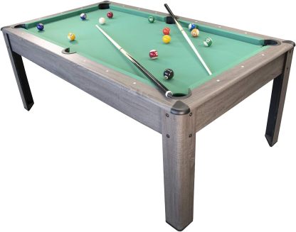PLAY4FUN Mesa de Billar Convertible en Comedor | 2 en 1 Multifuncional | 226 x 126 x 80 cm | Tapete Verde con Retorno de Bolas | Accesorios Incluidos | Capacidad para 8 Personas | Color Gris