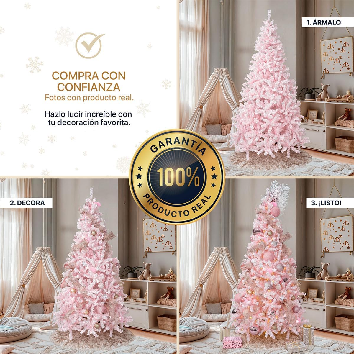 ESQUIMAL Árbol de Navidad Frondoso con Ramas Escarchadas, Pino Navideño (Rosa Nevado, 2.2 m)