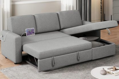 Yaheetech Sofá seccional en forma de L, sofá cama con chaise, sofá cama reversible con cama extraíble y espacio de almacenamiento, sofá convertible de tela de 4 asientos, adecuado para sala de estar, gris claro
