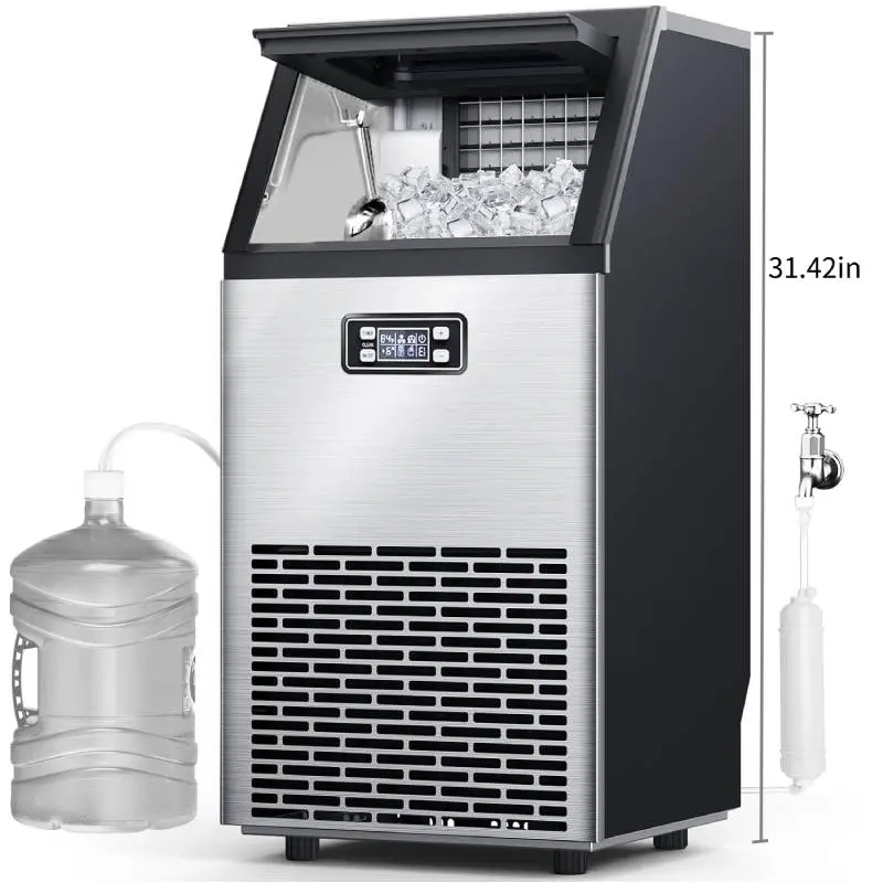 Máquina de Hielo Comercial V2.0, 100 lbs, Agua 2 Formas, Autolimpieza, Temporizador 24h, Cesta 33 lbs, Acero Inoxidable – Para Escuela, Hogar, Bar o RV