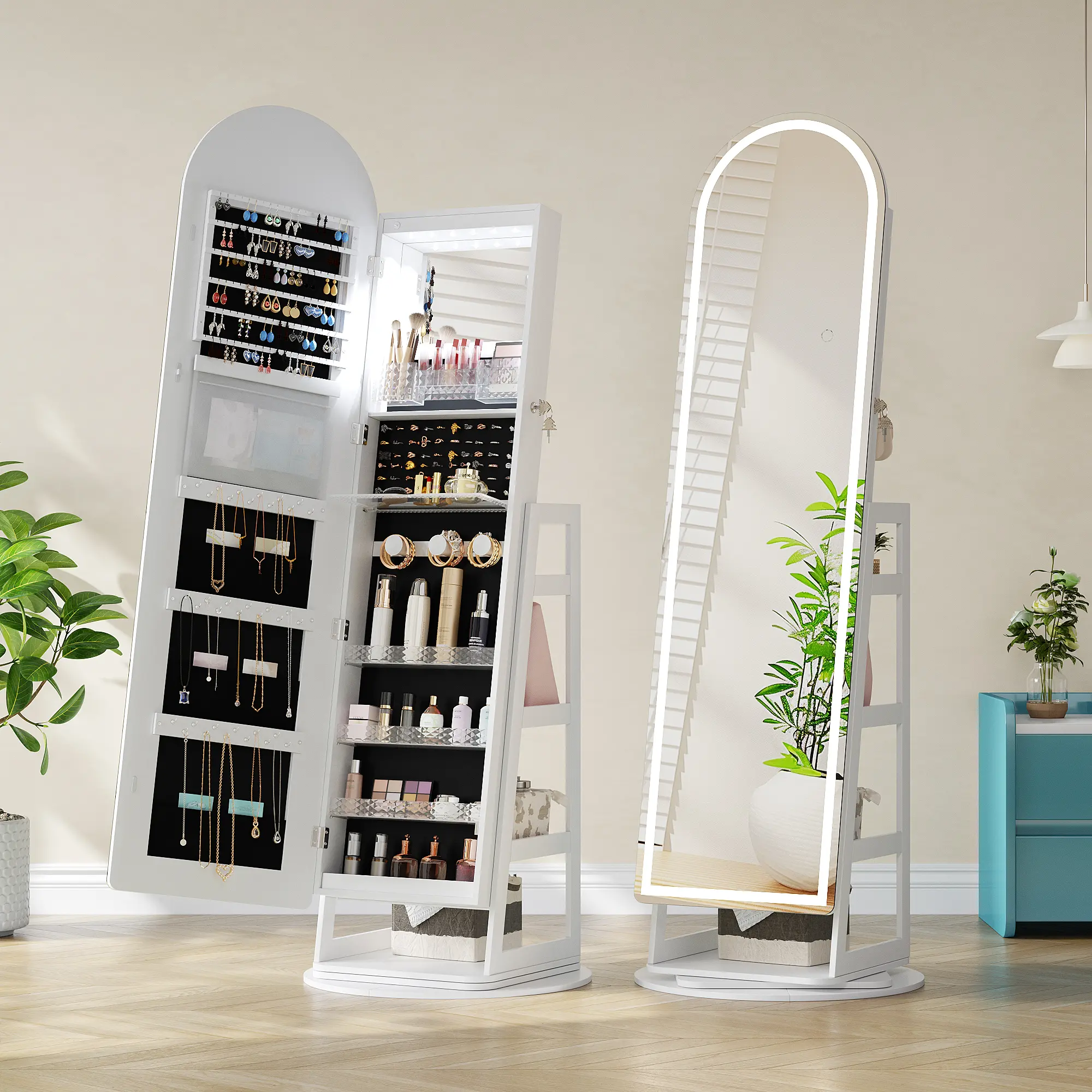 ✨ Espejo de Cuerpo Entero con Armario Joyero Giratorio 360° | Luz LED de 3 Colores | Organizador con Cerradura | Almacenamiento Multifuncional para Dormitorio 💎