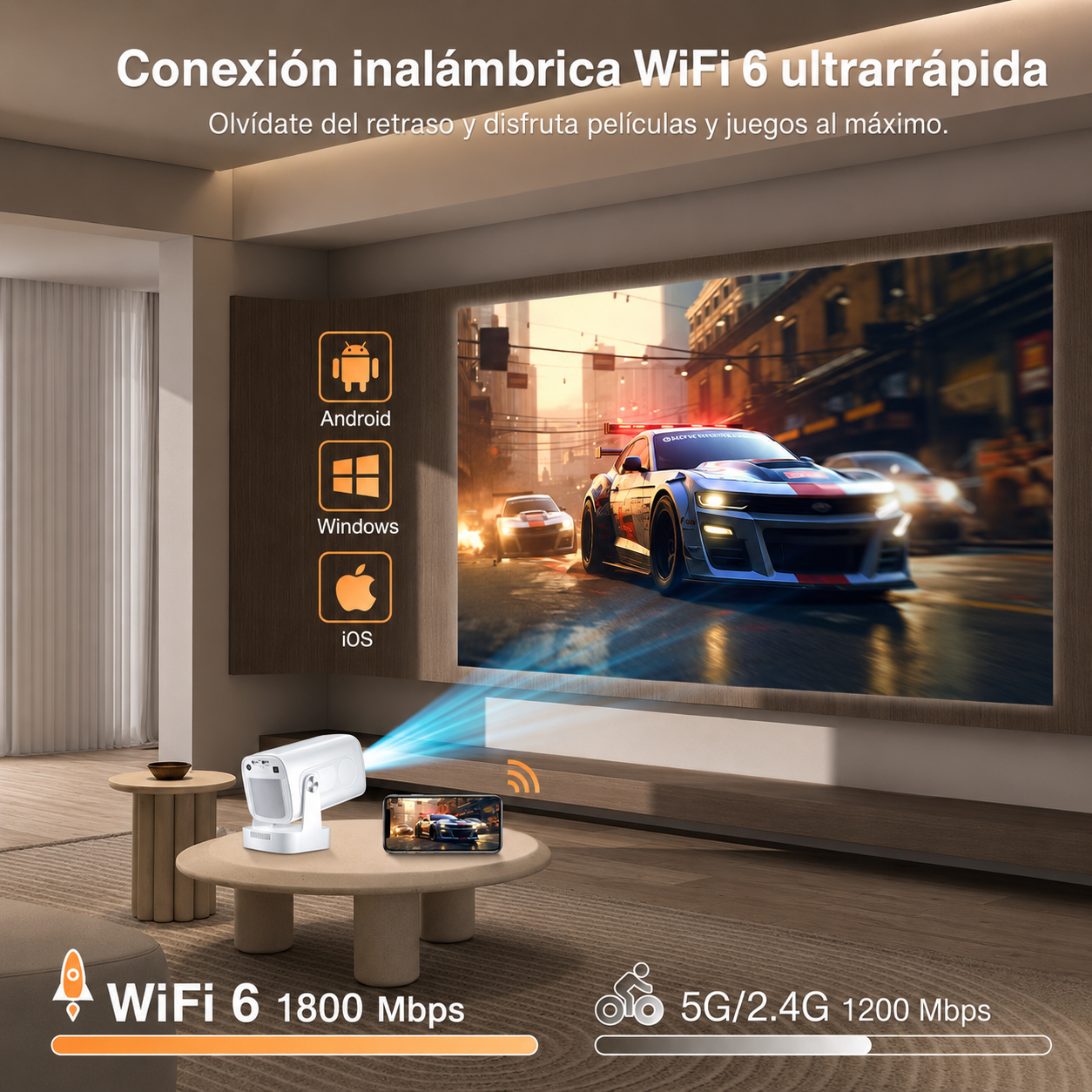 [Enfoque automático] Mini proyector nativo 1080P con WiFi y Bluetooth 5.4, proyector inteligente 4K, aplicaciones integradas, piedra clave automática, proyector portátil para películas al aire última