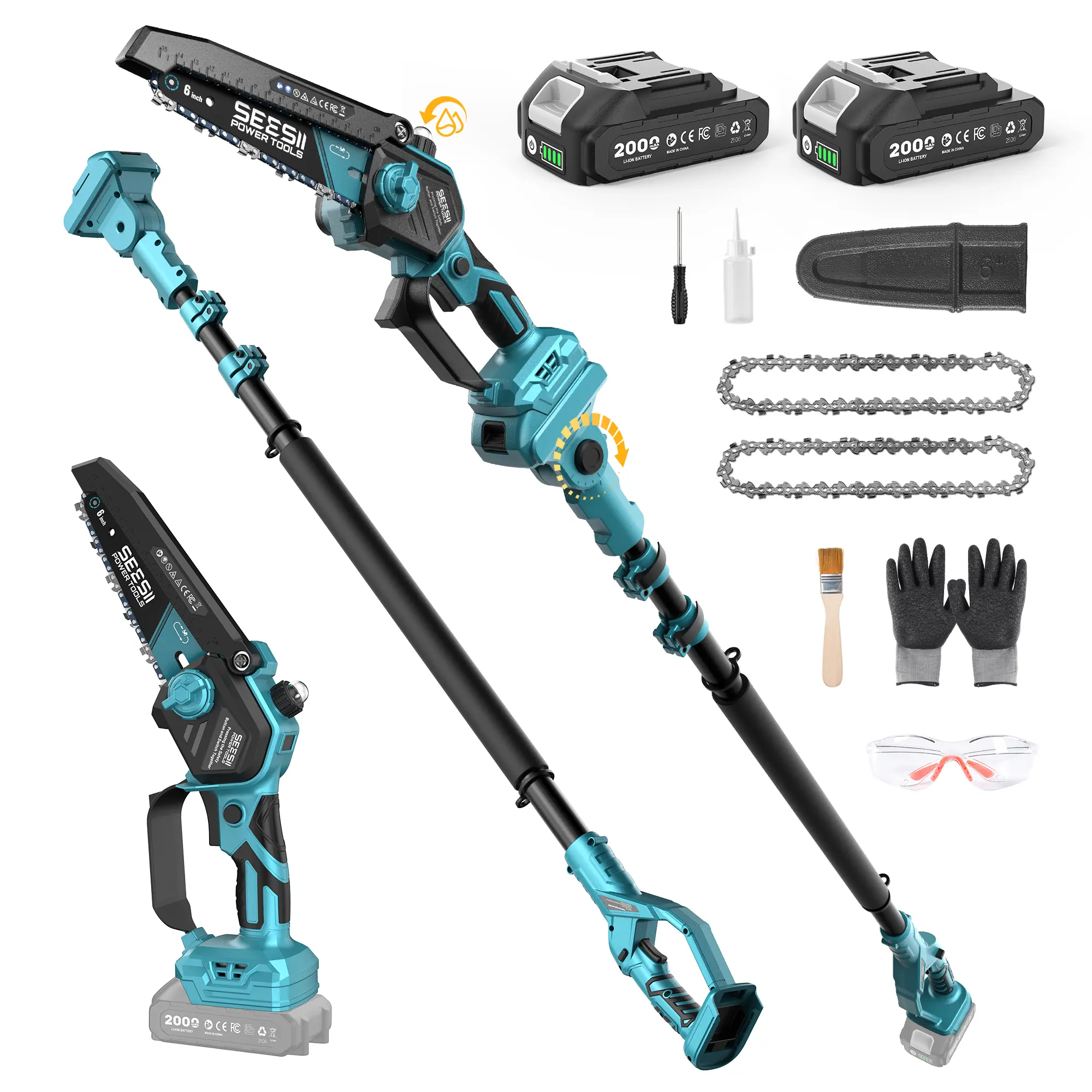 SEESII Motosierra 2 en 1 con Pértiga, Incluye 2 Baterías, Alcance de hasta 16 FT para Corte y Poda de Árboles, P8 Ace/P6 Ace CH800