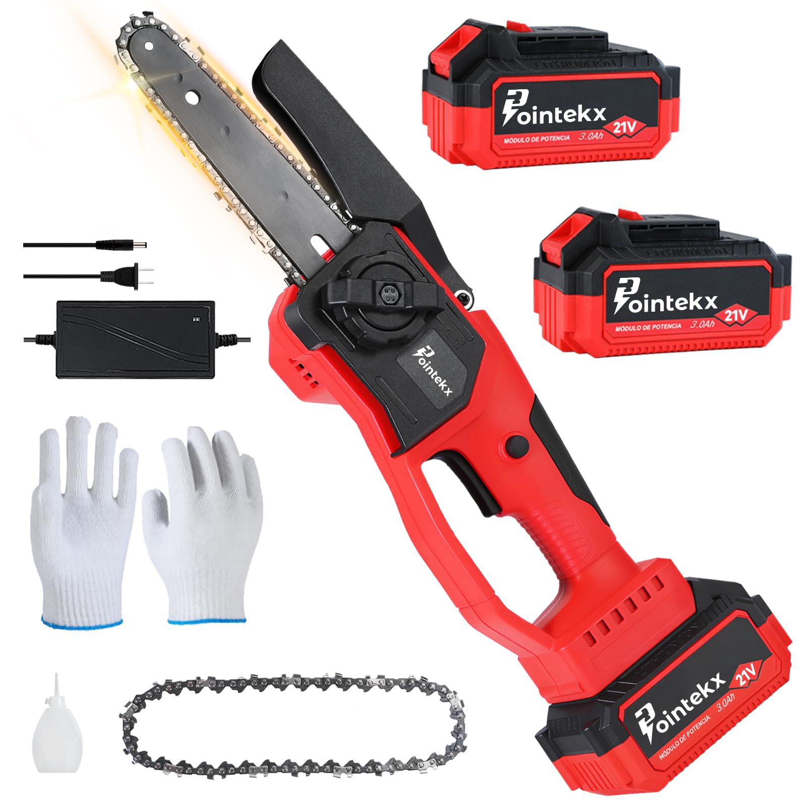 POINTEKX Motosierra Inalámbrica de Mano 12 Pulgadas, Motor Sin Escobillas, Mini Motosierra Recargable con 2 Baterías de 3.0Ah, Portatil Sierra Electrica Podar Arboles (12 Pulgadas)