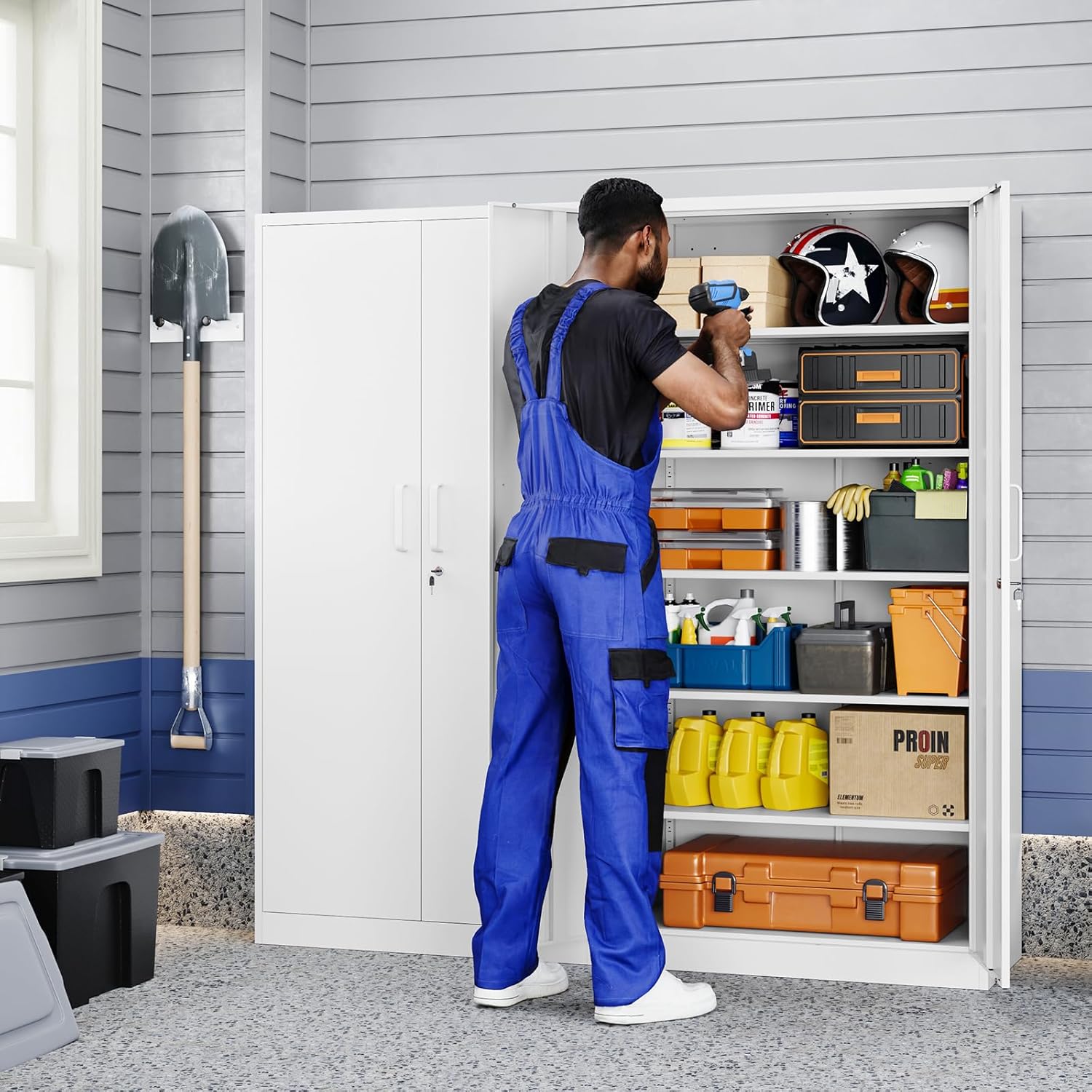 Yizosh - Gabinete de almacenamiento de metal con 2 puertas y 5 estantes ajustables, archivador de acero de 71 pulgadas, gabinetes de herramientas de bloqueo para oficina, hogar, cochera, gimnasio,