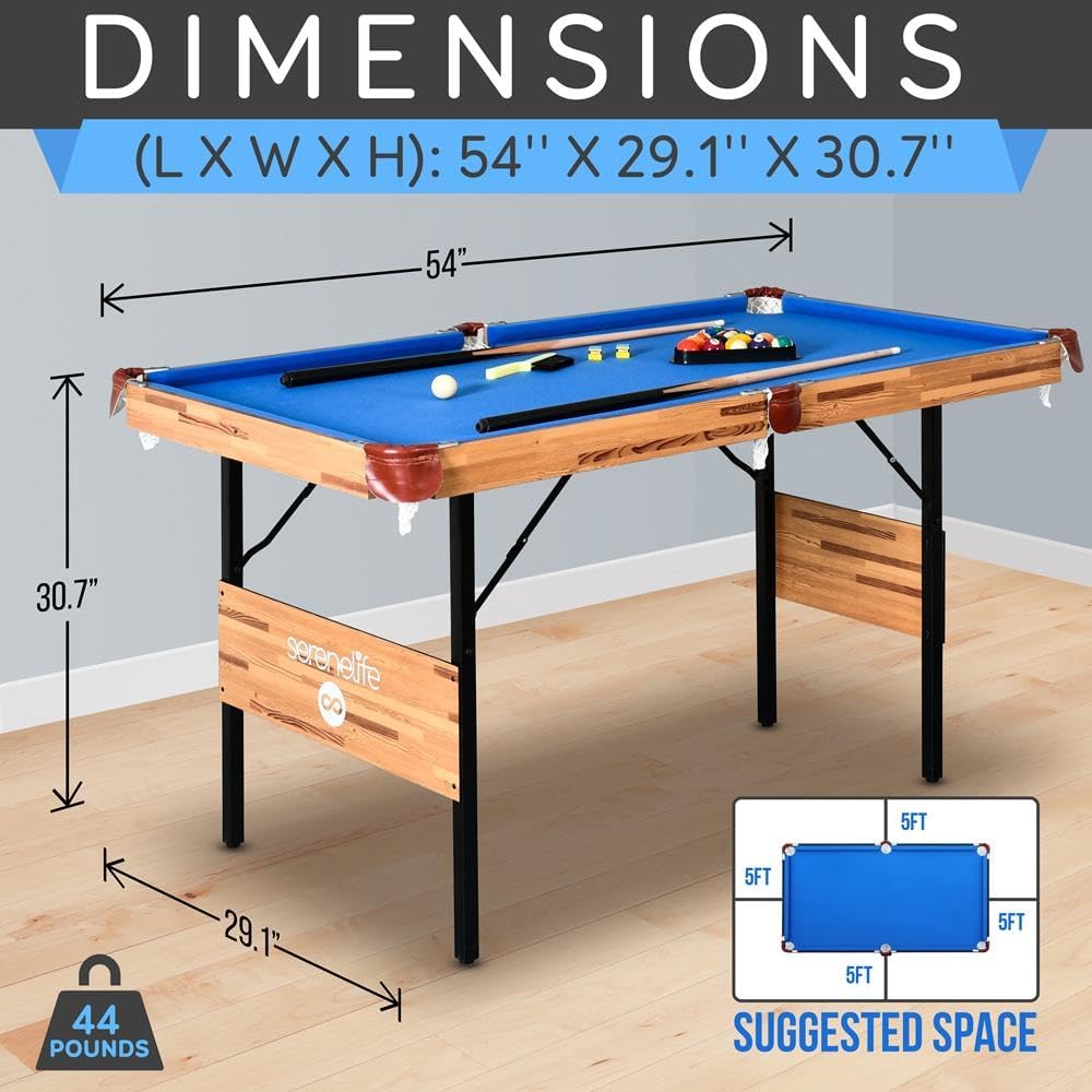 SereneLife Mesa de Billar Plegable de 1,4 m, Mesa de Juego de Billar portátil Plegable de 54 Pulgadas, para niños y Adultos, con Accesorios, Juegos de Interior y Exterior con Palos, Taco, Bolas y