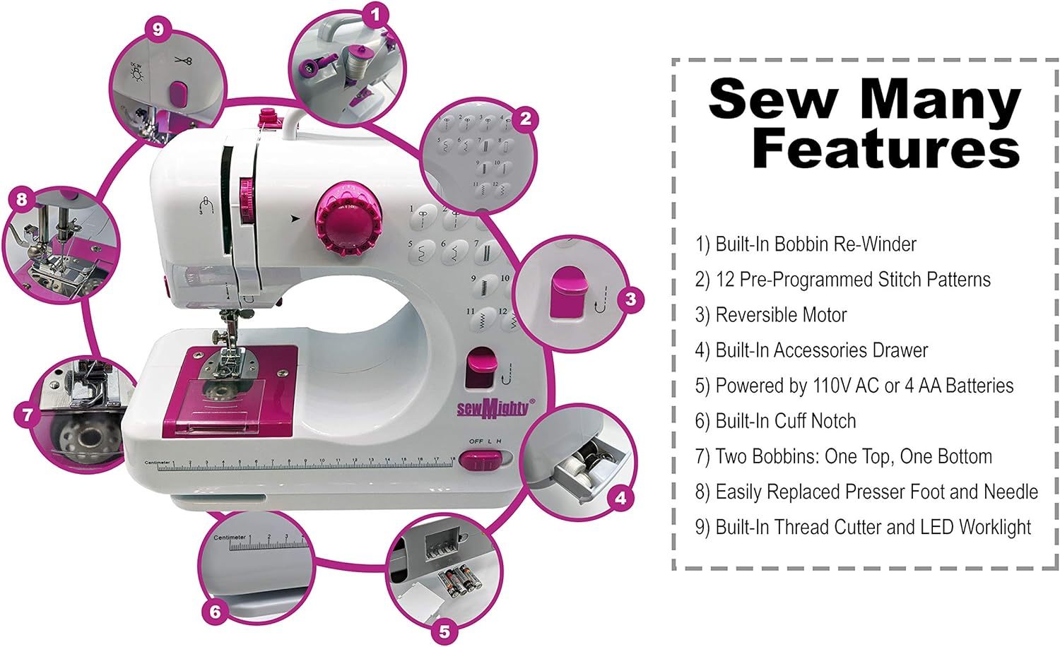 Sew Mighty Mini máquina de coser portátil y kit de costura – 12 patrones de costura preprogramados – Funciona con pilas y CA, doble velocidad, cose hacia adelante y hacia atrás, alimentación de CA y CC – Incluye pedal de pie