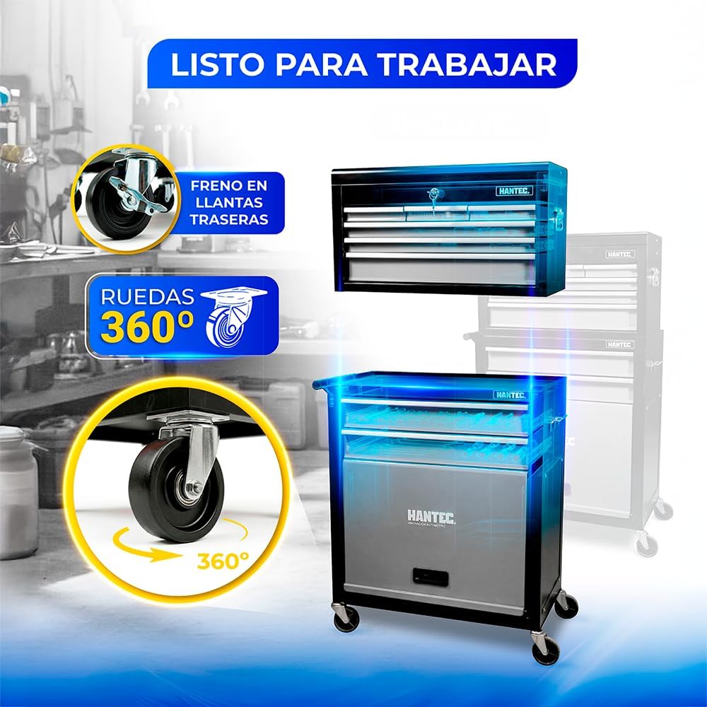 Hantec - Combo Caja de Herramientas y Estante Móvil - 9 Cajones Deslizables, Metal Reforzado con Ruedas y Cerradura - Color Gris