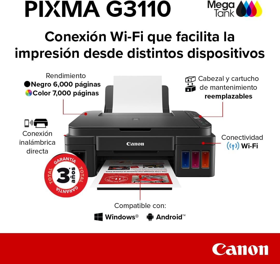 Canon Impresora Multifuncional Wi-Fi G3110 de Tanque de tintas