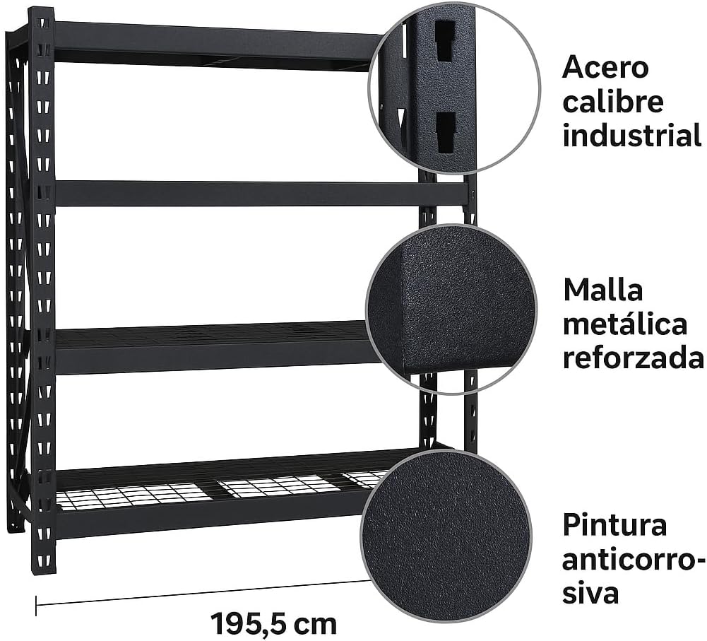 Estante Industrial de Acero Reforzado, 4 Niveles, Negro, 195.5 x 60.9 x 182 cm, Capacidad 1100 kg por Nivel, 4 Toneladas